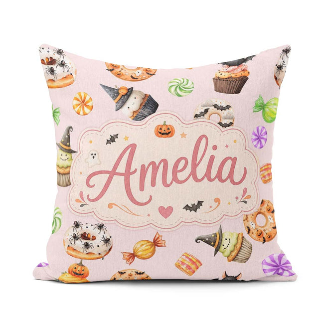 Custom Name Halloween Donuts Bats and Candy Soft Pink Background Square Filled Cushion Throw Pillow Sofa Bed Home Decor Zip Washable UK Made