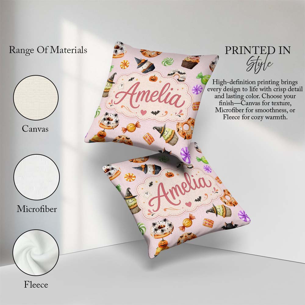 Custom Name Halloween Donuts Bats and Candy Soft Pink Background Square Filled Cushion Throw Pillow Sofa Bed Home Decor Zip Washable UK Made