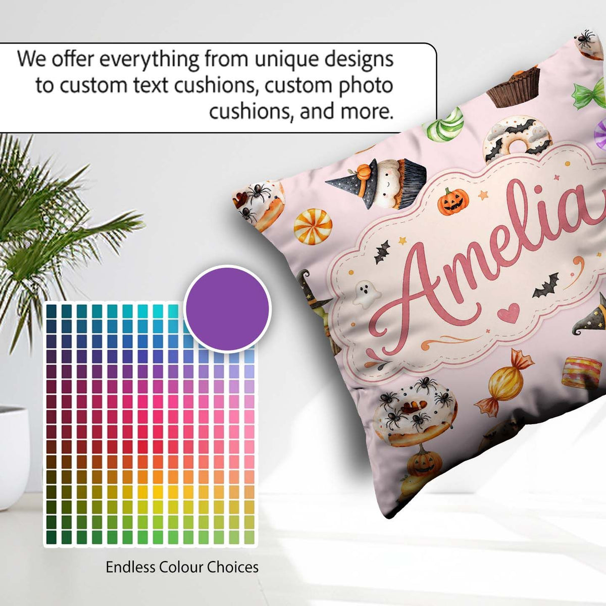 Custom Name Halloween Donuts Bats and Candy Soft Pink Background Square Filled Cushion Throw Pillow Sofa Bed Home Decor Zip Washable UK Made