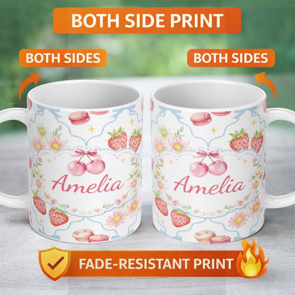 Personalized Custom Name Strawberry Cherry Daisy White Blue Outline Cute Coquette Floral 11oz Ceramic Coffee Tea Mug White Large Handle