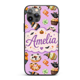 Cute Halloween Donuts Cupcakes Bats Candy and Custom Name Protective Phone Case Mobile Cover Durable Everyday Smartphone Shock Resistant