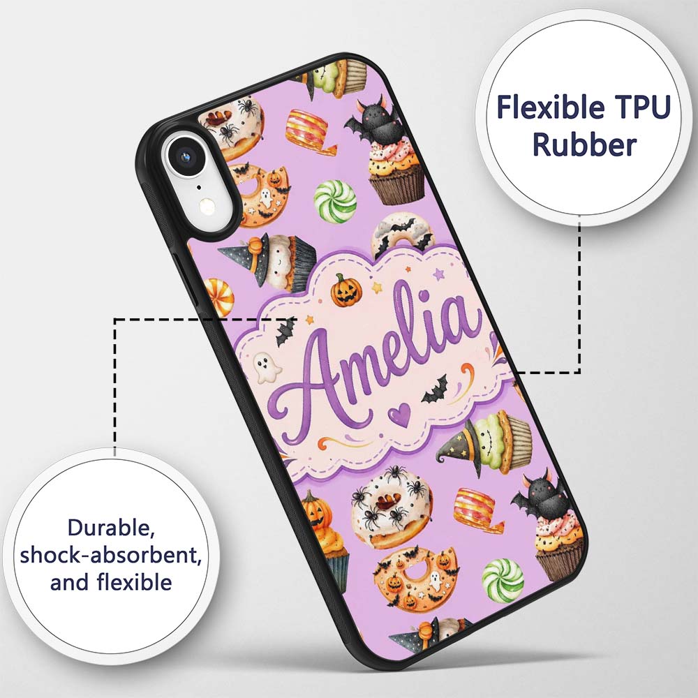 Cute Halloween Donuts Cupcakes Bats Candy and Custom Name Protective Phone Case Mobile Cover Durable Everyday Smartphone Shock Resistant