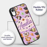 Cute Halloween Donuts Cupcakes Bats Candy and Custom Name Protective Phone Case Mobile Cover Durable Everyday Smartphone Shock Resistant