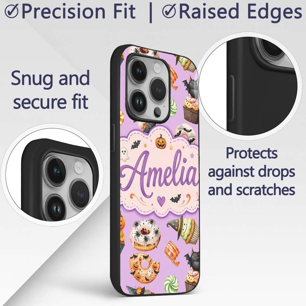 Cute Halloween Donuts Cupcakes Bats Candy and Custom Name Protective Phone Case Mobile Cover Durable Everyday Smartphone Shock Resistant