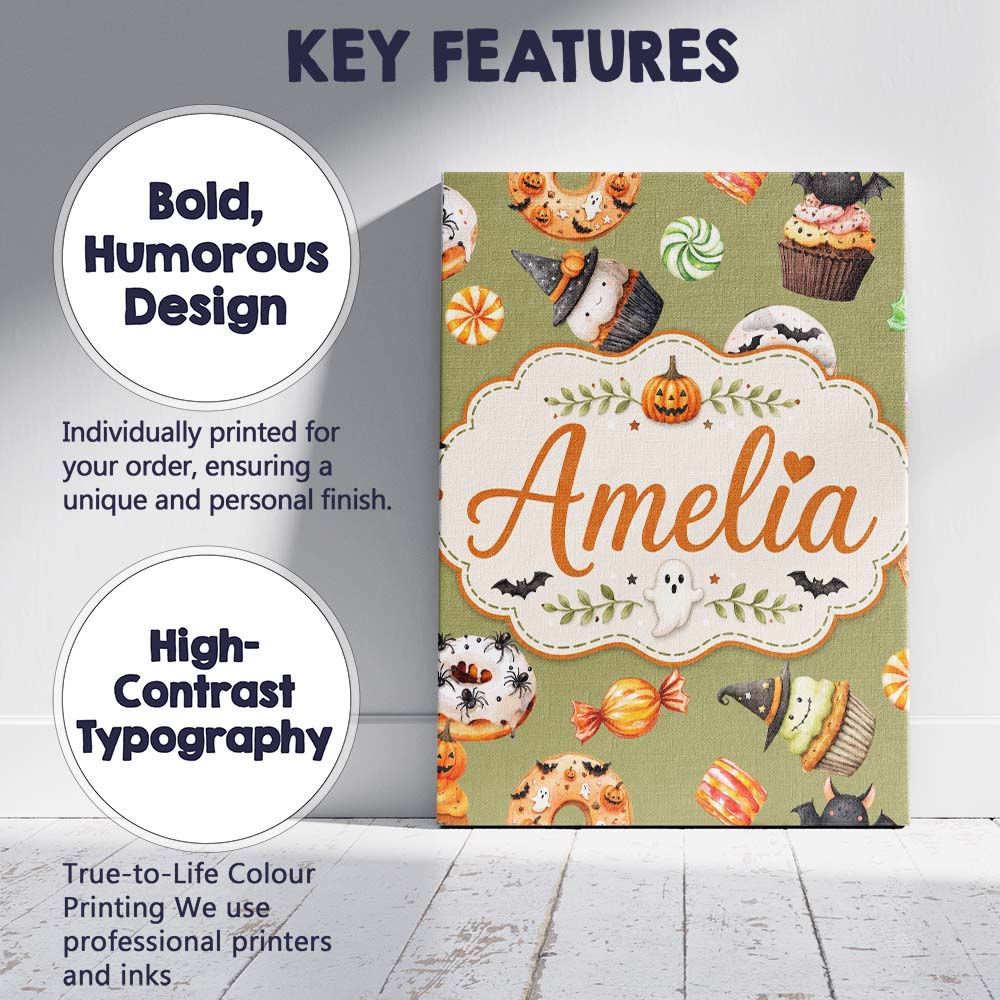 Personalised Name Cute Halloween Donuts Custom  Modern Room Accent Elegant Feature Canvas Wall Art Print Decor Picture Ready to Hang