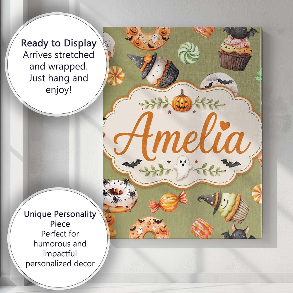 Personalised Name Cute Halloween Donuts Custom  Modern Room Accent Elegant Feature Canvas Wall Art Print Decor Picture Ready to Hang