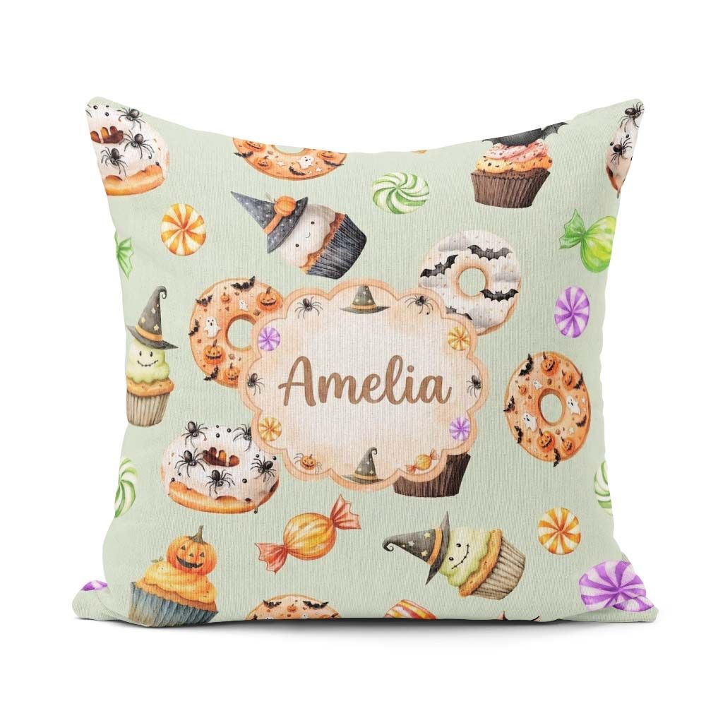Custom Name Halloween Donuts Cupcakes Bats Candy and Sage Green Square Filled Cushion Throw Pillow Sofa Bed Home Decor Zip Washable UK Made