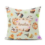 Custom Name Halloween Donuts Cupcakes Bats Candy and Sage Green Square Filled Cushion Throw Pillow Sofa Bed Home Decor Zip Washable UK Made