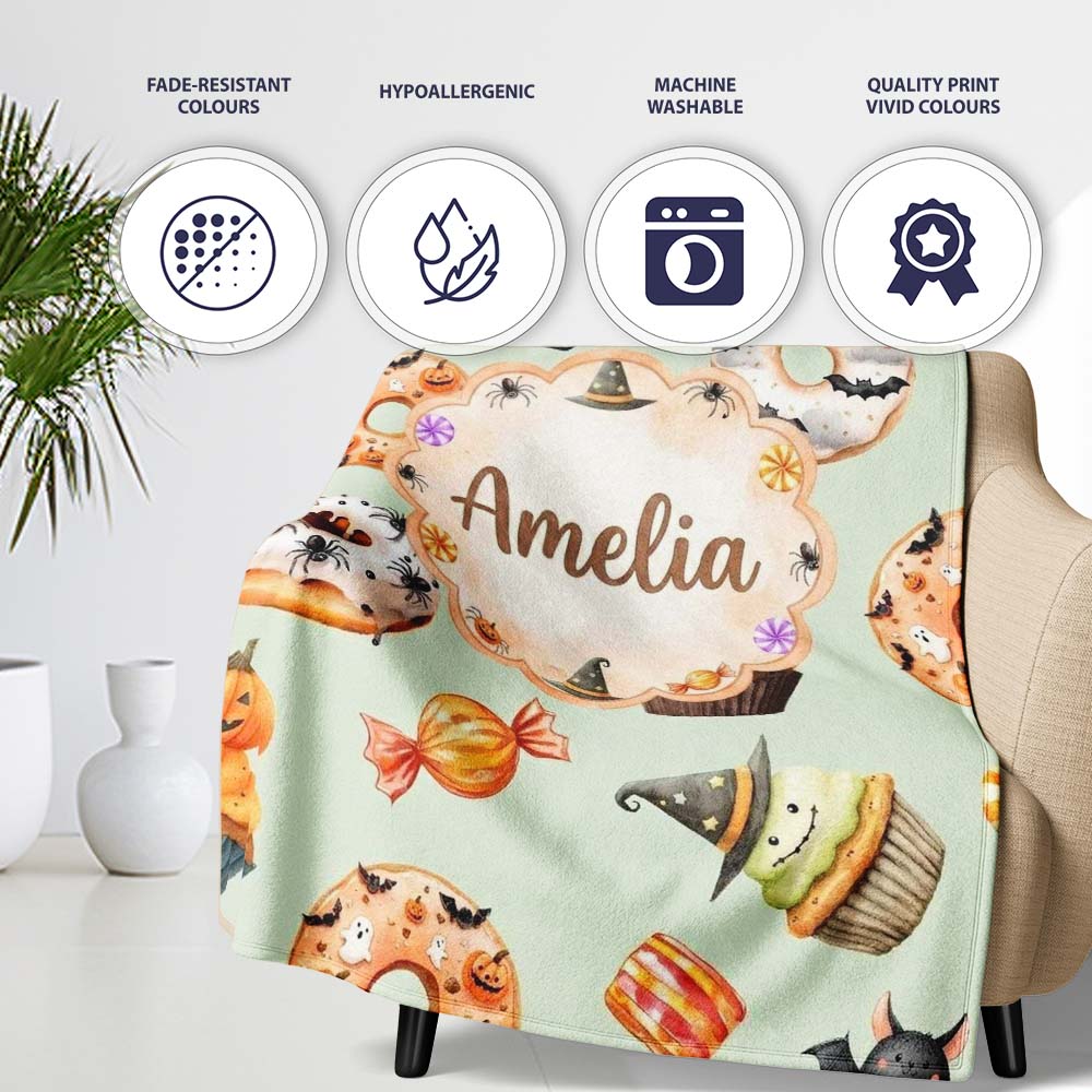 Cute Halloween Donuts Cupcakes Bats Candy and Pumpkins Sage Green  Personalised Custom Name Super Soft Fleece Blanket Bed Sofa Throw