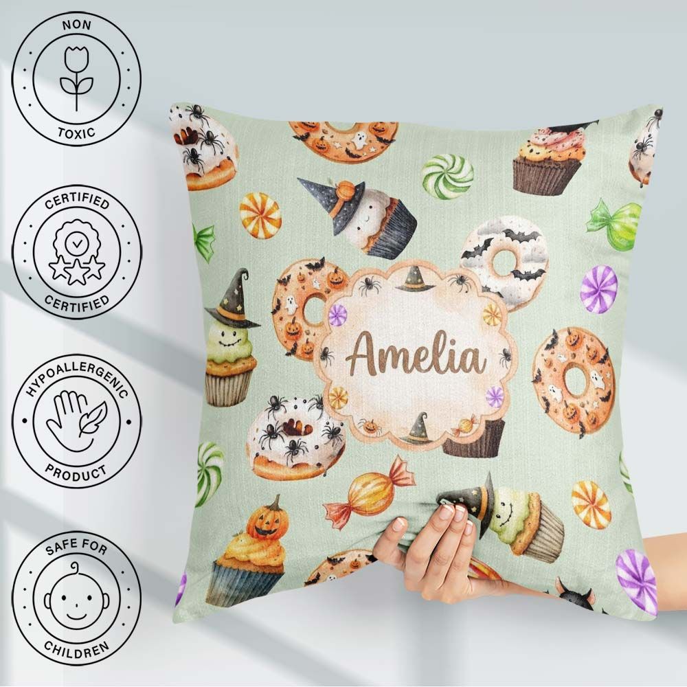 Custom Name Halloween Donuts Cupcakes Bats Candy and Sage Green Square Filled Cushion Throw Pillow Sofa Bed Home Decor Zip Washable UK Made