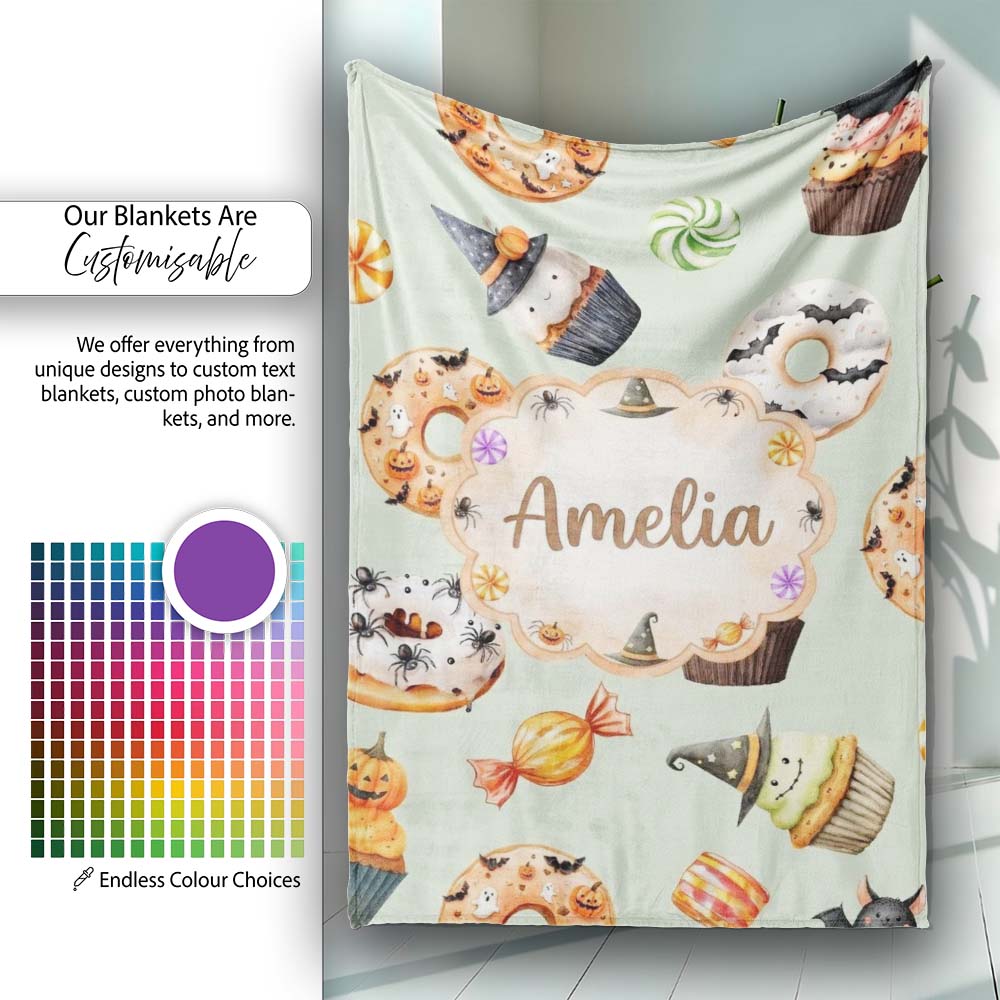 Cute Halloween Donuts Cupcakes Bats Candy and Pumpkins Sage Green  Personalised Custom Name Super Soft Fleece Blanket Bed Sofa Throw