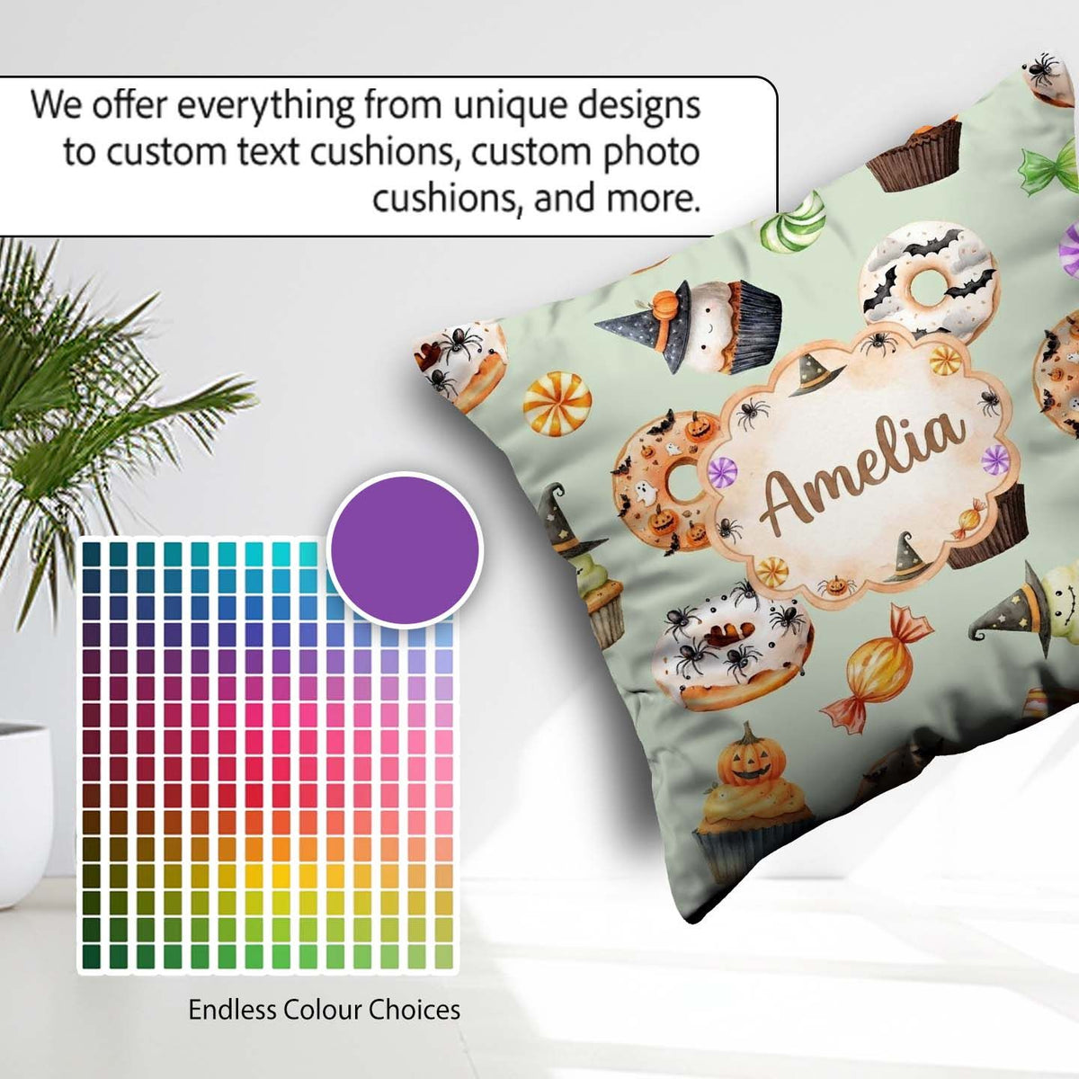 Custom Name Halloween Donuts Cupcakes Bats Candy and Sage Green Square Filled Cushion Throw Pillow Sofa Bed Home Decor Zip Washable UK Made