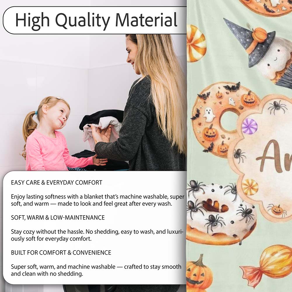 Cute Halloween Donuts Cupcakes Bats Candy and Pumpkins Sage Green  Personalised Custom Name Super Soft Fleece Blanket Bed Sofa Throw