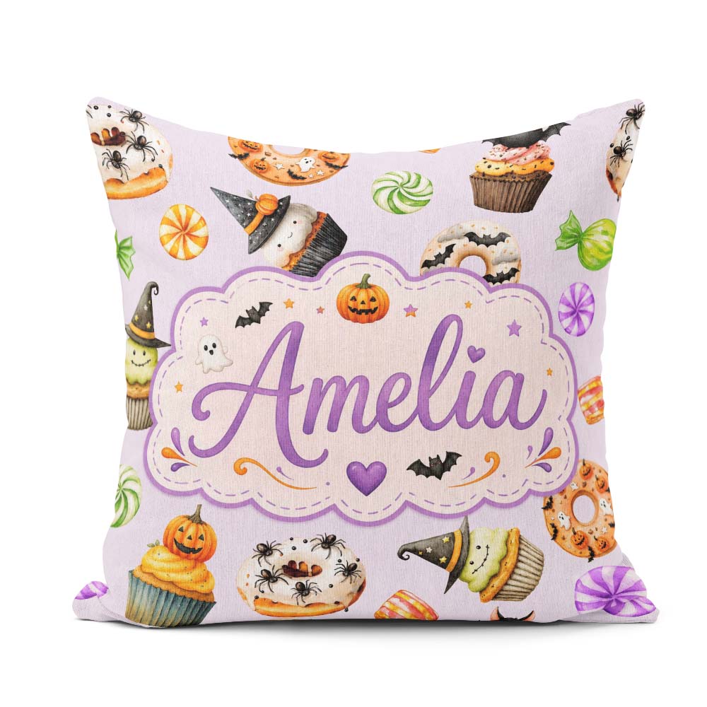 Custom Name Donuts Cupcakes Bats Candy and Pumpkins Light Purple Square Filled Cushion Throw Pillow Sofa Bed Home Decor Zip Washable UK Made