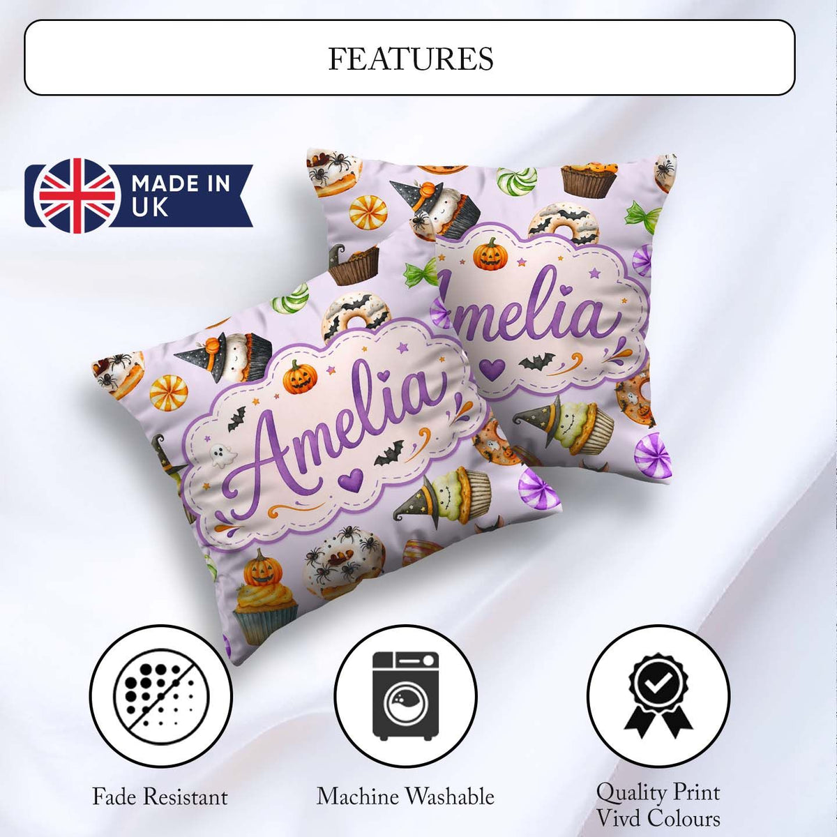 Custom Name Donuts Cupcakes Bats Candy and Pumpkins Light Purple Square Filled Cushion Throw Pillow Sofa Bed Home Decor Zip Washable UK Made
