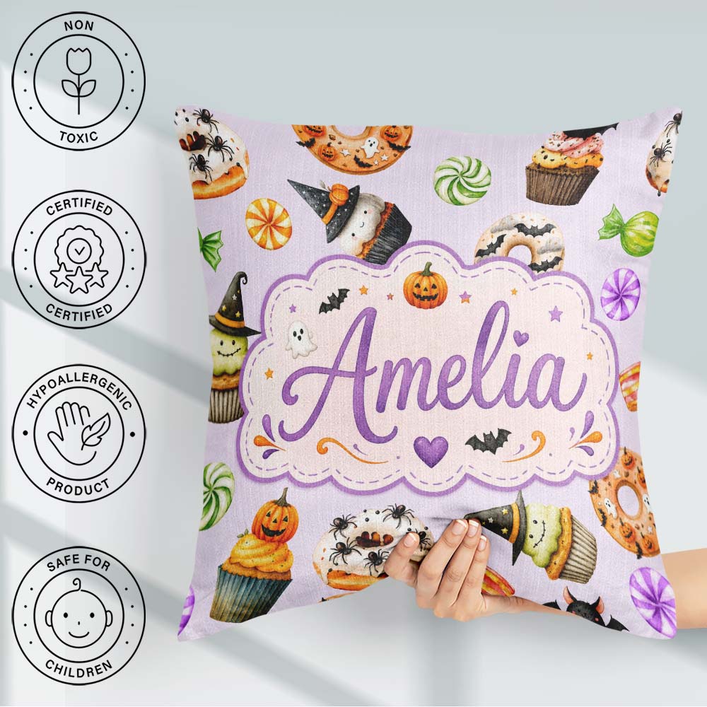 Custom Name Donuts Cupcakes Bats Candy and Pumpkins Light Purple Square Filled Cushion Throw Pillow Sofa Bed Home Decor Zip Washable UK Made