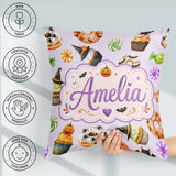 Custom Name Donuts Cupcakes Bats Candy and Pumpkins Light Purple Square Filled Cushion Throw Pillow Sofa Bed Home Decor Zip Washable UK Made