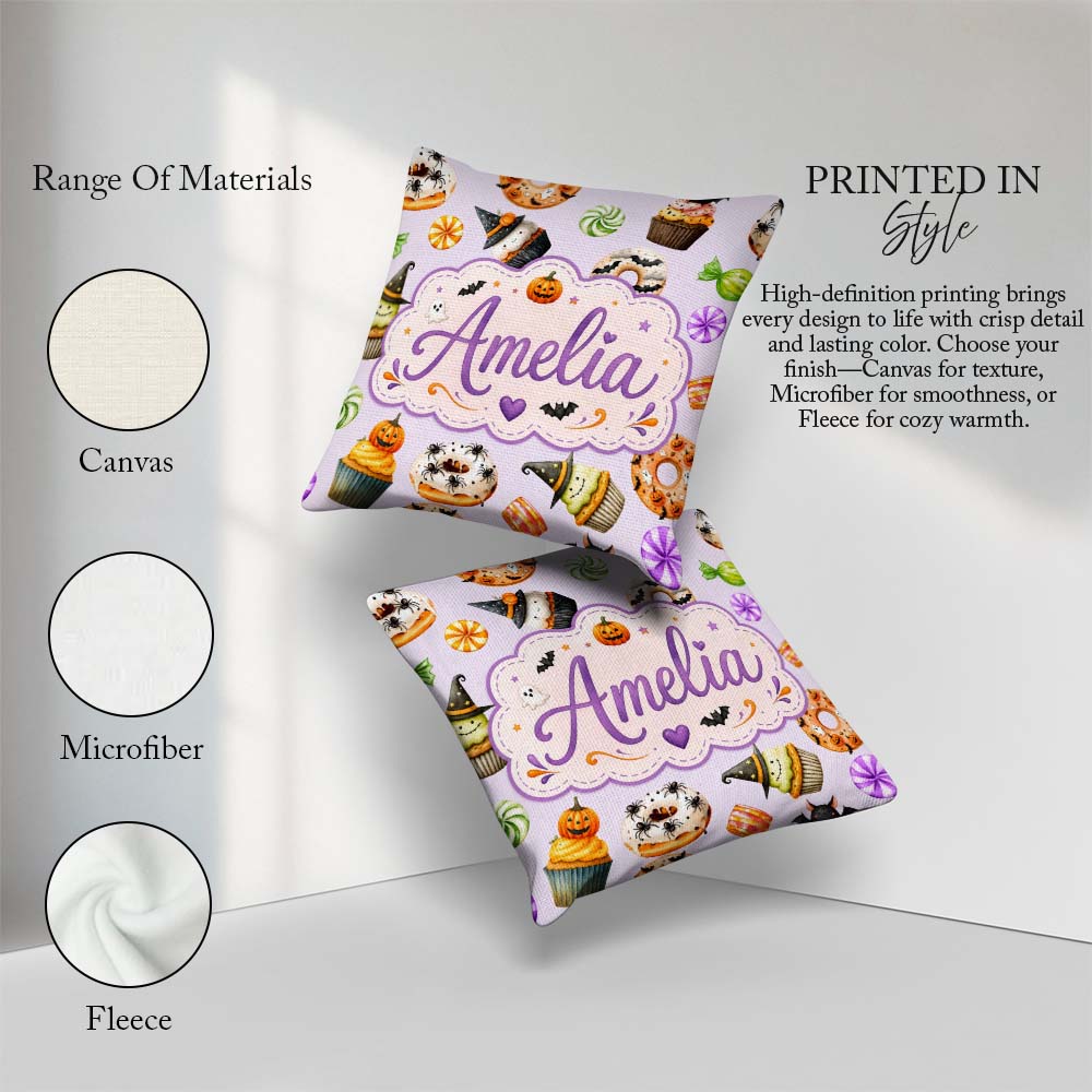 Custom Name Donuts Cupcakes Bats Candy and Pumpkins Light Purple Square Filled Cushion Throw Pillow Sofa Bed Home Decor Zip Washable UK Made