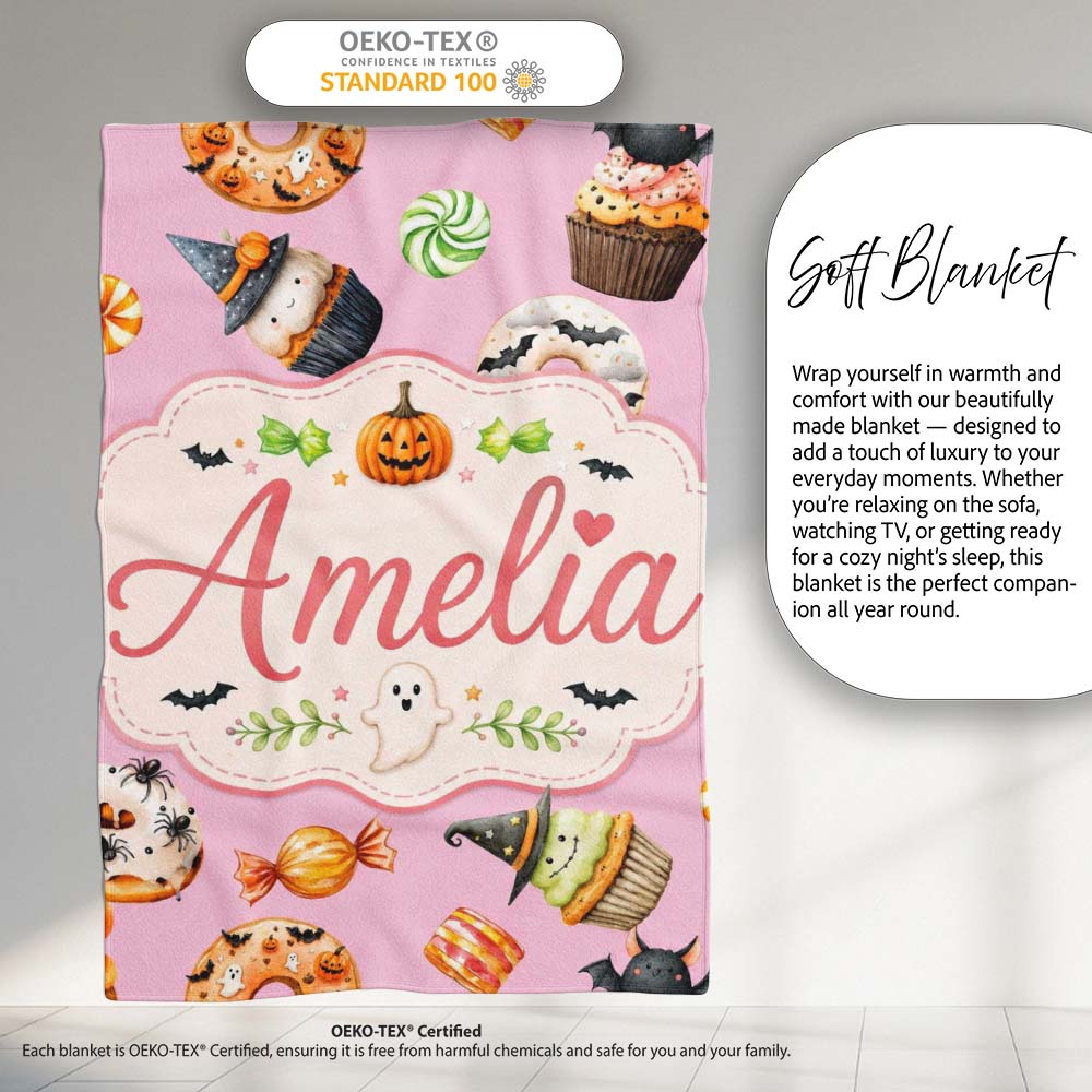 Cute Halloween Donuts Cupcakes Bats Candy and Pumpkins Pink Lovely  Personalised Custom Name Super Soft Fleece Blanket Bed Sofa Throw