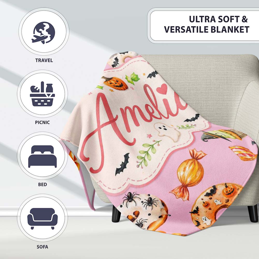 Cute Halloween Donuts Cupcakes Bats Candy and Pumpkins Pink Lovely  Personalised Custom Name Super Soft Fleece Blanket Bed Sofa Throw