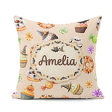 Custom Name Cute Halloween Donuts Cupcakes Bats Candy and Beige Square Filled Cushion Throw Pillow Sofa Bed Home Decor Zip Washable UK Made