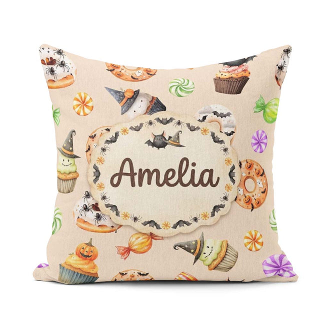 Custom Name Cute Halloween Donuts Cupcakes Bats Candy and Beige Square Filled Cushion Throw Pillow Sofa Bed Home Decor Zip Washable UK Made