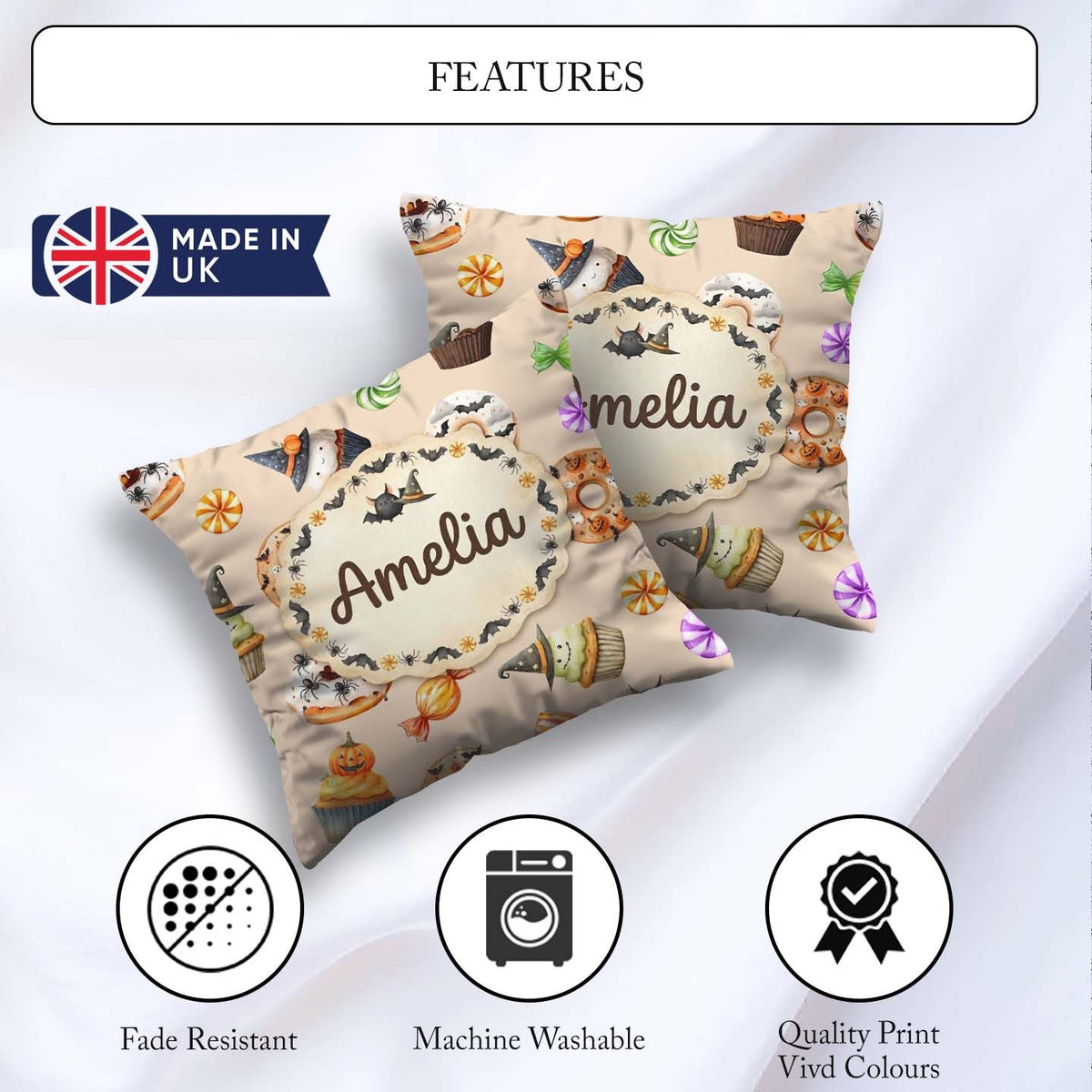 Custom Name Cute Halloween Donuts Cupcakes Bats Candy and Beige Square Filled Cushion Throw Pillow Sofa Bed Home Decor Zip Washable UK Made