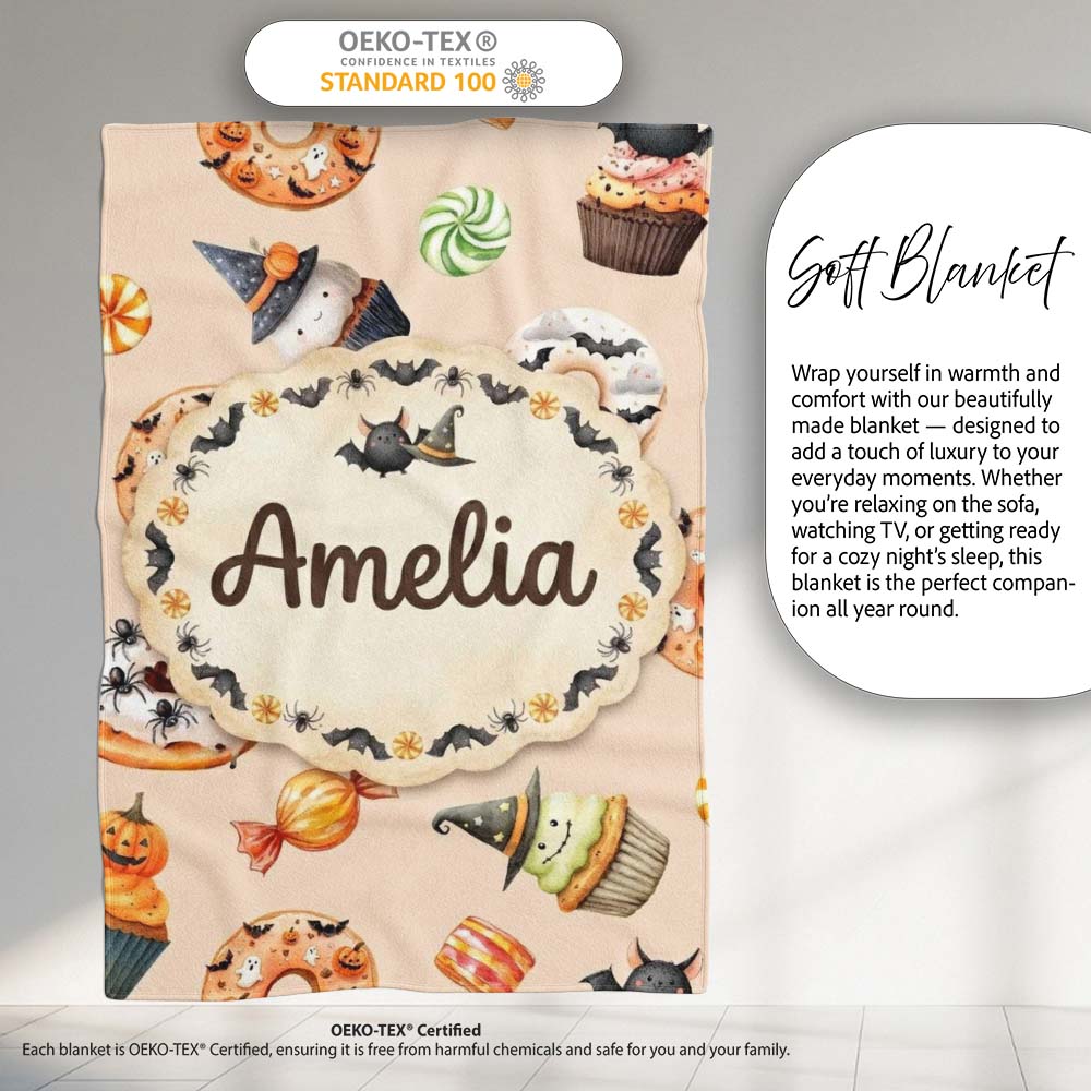 Cute Halloween Donuts Cupcakes Bats Candy and Pumpkins Beige Lovely  Personalised Custom Name Super Soft Fleece Blanket Bed Sofa Throw