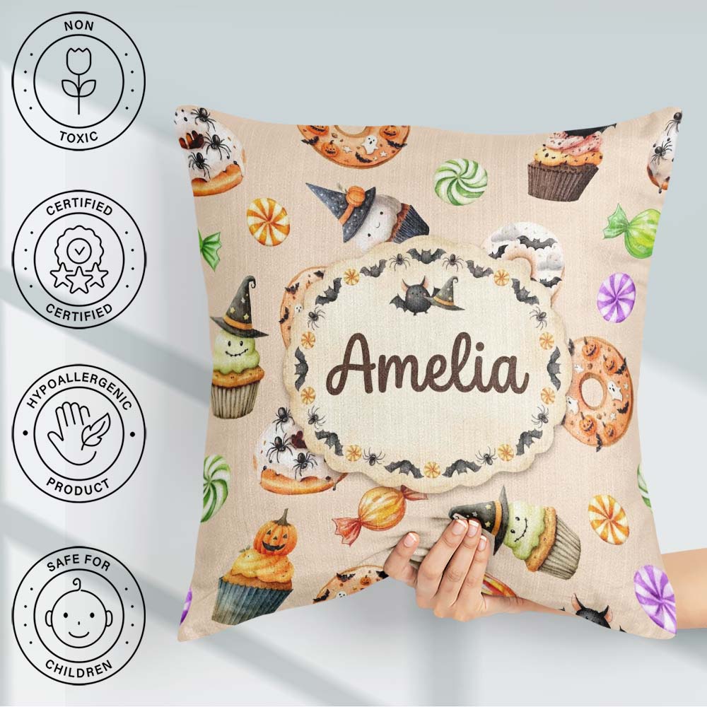 Custom Name Cute Halloween Donuts Cupcakes Bats Candy and Beige Square Filled Cushion Throw Pillow Sofa Bed Home Decor Zip Washable UK Made