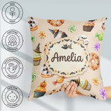Custom Name Cute Halloween Donuts Cupcakes Bats Candy and Beige Square Filled Cushion Throw Pillow Sofa Bed Home Decor Zip Washable UK Made