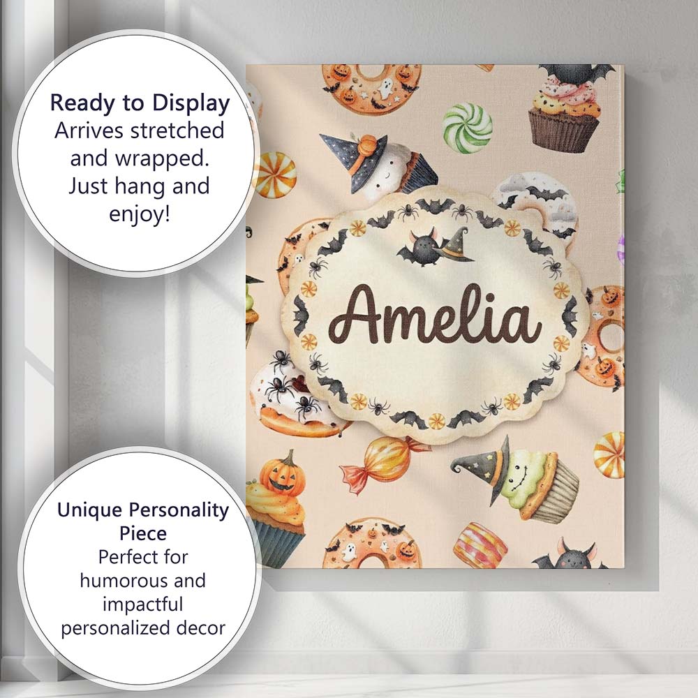Personalised Name Cute Halloween Donuts Custom  Modern Room Accent Elegant Feature Canvas Wall Art Print Decor Picture Ready to Hang