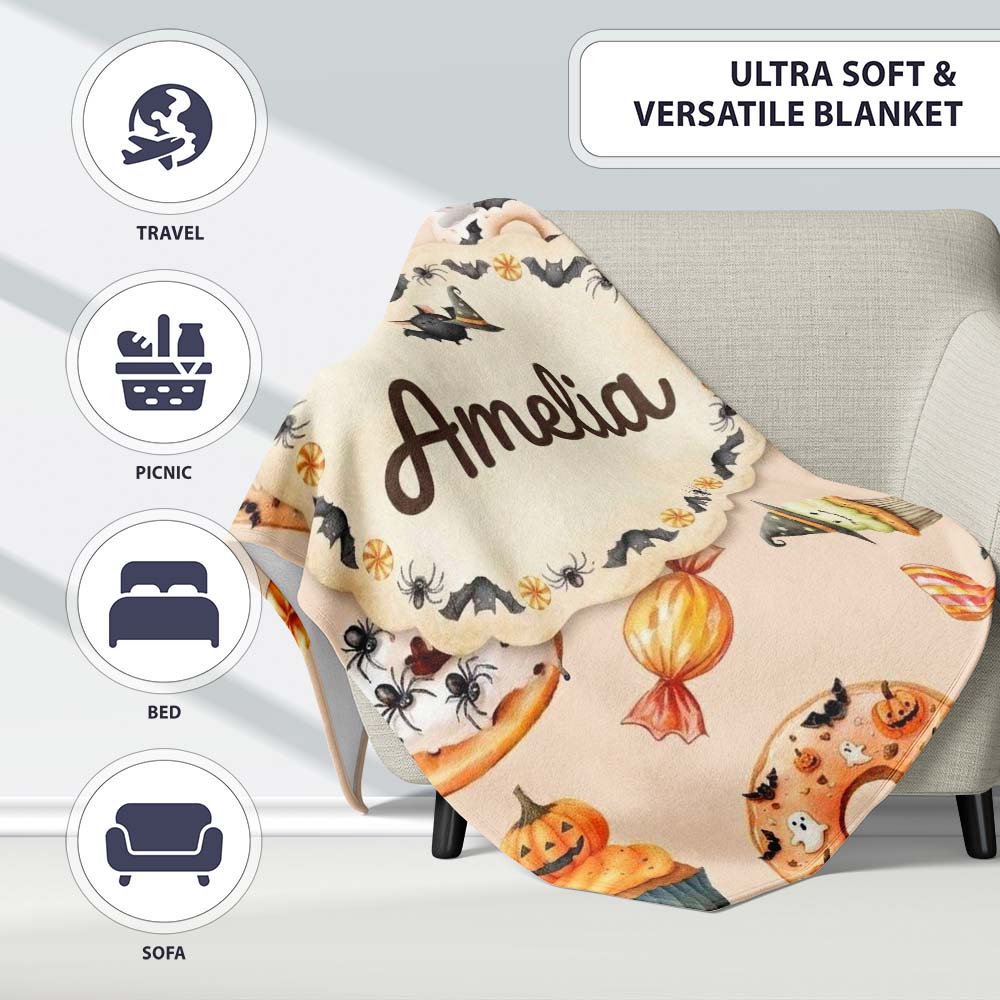 Cute Halloween Donuts Cupcakes Bats Candy and Pumpkins Beige Lovely  Personalised Custom Name Super Soft Fleece Blanket Bed Sofa Throw