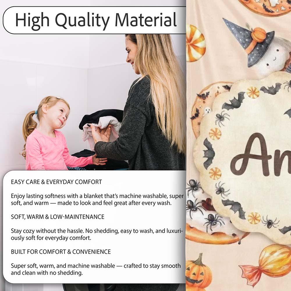 Cute Halloween Donuts Cupcakes Bats Candy and Pumpkins Beige Lovely  Personalised Custom Name Super Soft Fleece Blanket Bed Sofa Throw