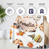 Cute Halloween Donuts Cupcakes Bats Candy and Pumpkins White Lovely  Personalised Custom Name Super Soft Fleece Blanket Bed Sofa Throw