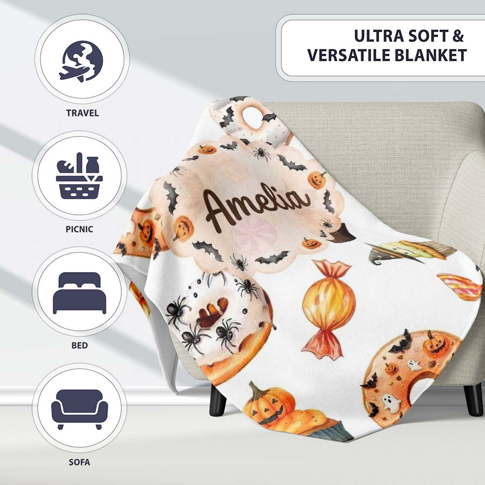 Cute Halloween Donuts Cupcakes Bats Candy and Pumpkins White Lovely  Personalised Custom Name Super Soft Fleece Blanket Bed Sofa Throw