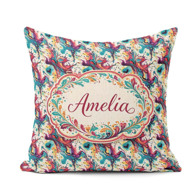 Custom Name Vibrant Fluid Art Pink Teal Yellow Abstract Pattern Square Filled Cushion Throw Pillow Sofa Bed Home Decor Zip Washable UK Made