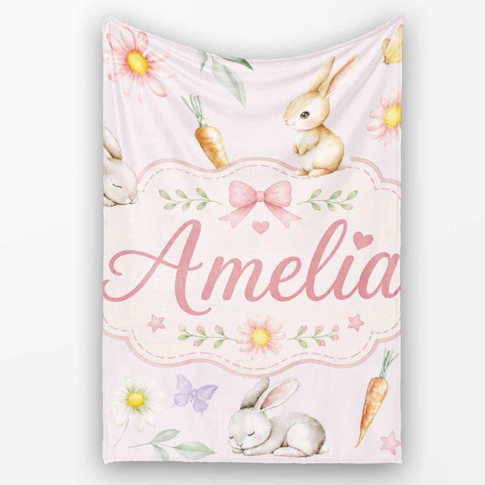 Bunny Rabbits with Flowers Carrots and Butterflies Soft Neutral  Personalised Custom Name Super Soft Fleece Blanket Bed Sofa Throw