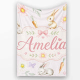 Bunny Rabbits with Flowers Carrots and Butterflies Soft Neutral  Personalised Custom Name Super Soft Fleece Blanket Bed Sofa Throw