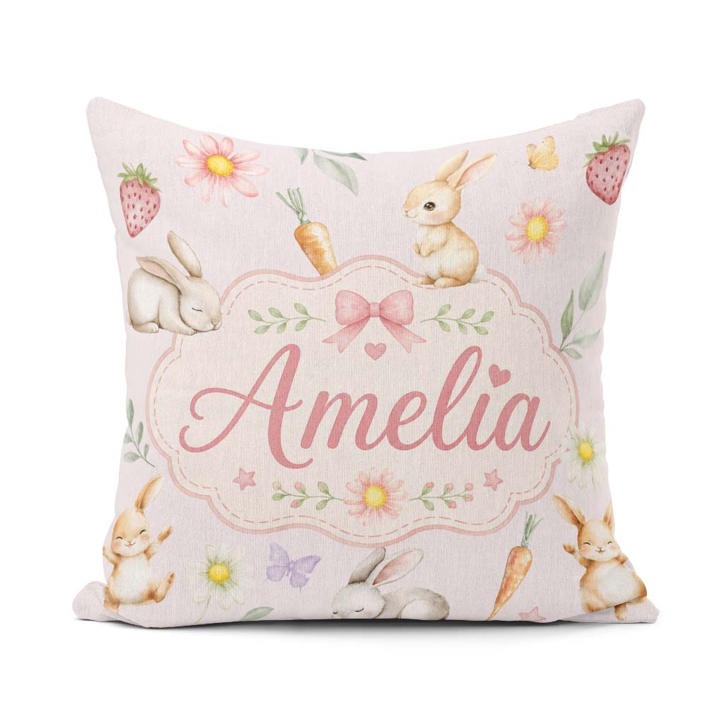 Custom Name Bunny Rabbits with Flowers Carrots and Soft Neutral Square Filled Cushion Throw Pillow Sofa Bed Home Decor Zip Washable UK Made