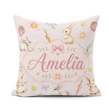 Custom Name Bunny Rabbits with Flowers Carrots and Soft Neutral Square Filled Cushion Throw Pillow Sofa Bed Home Decor Zip Washable UK Made