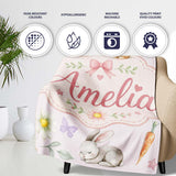 Bunny Rabbits with Flowers Carrots and Butterflies Soft Neutral  Personalised Custom Name Super Soft Fleece Blanket Bed Sofa Throw