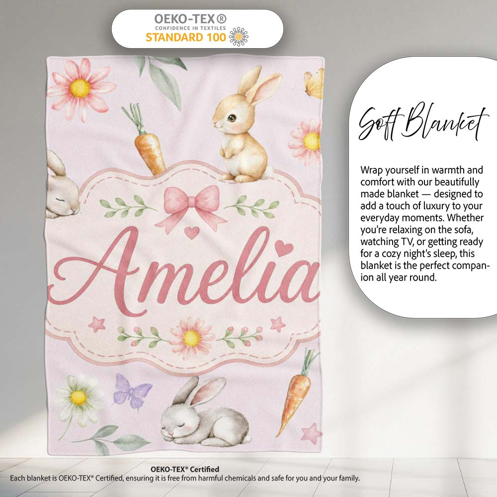 Bunny Rabbits with Flowers Carrots and Butterflies Soft Neutral  Personalised Custom Name Super Soft Fleece Blanket Bed Sofa Throw