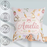 Custom Name Bunny Rabbits with Flowers Carrots and Soft Neutral Square Filled Cushion Throw Pillow Sofa Bed Home Decor Zip Washable UK Made
