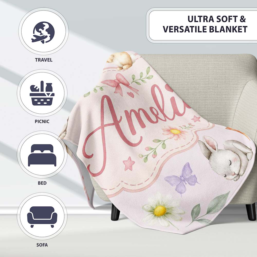 Bunny Rabbits with Flowers Carrots and Butterflies Soft Neutral  Personalised Custom Name Super Soft Fleece Blanket Bed Sofa Throw