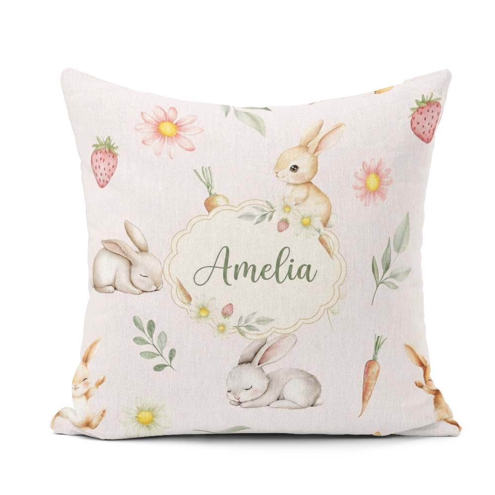 Custom Name Cute Bunny Rabbits with Flowers Carrots and Cream Square Filled Cushion Throw Pillow Sofa Bed Home Decor Zip Washable UK Made
