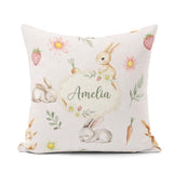 Custom Name Cute Bunny Rabbits with Flowers Carrots and Cream Square Filled Cushion Throw Pillow Sofa Bed Home Decor Zip Washable UK Made