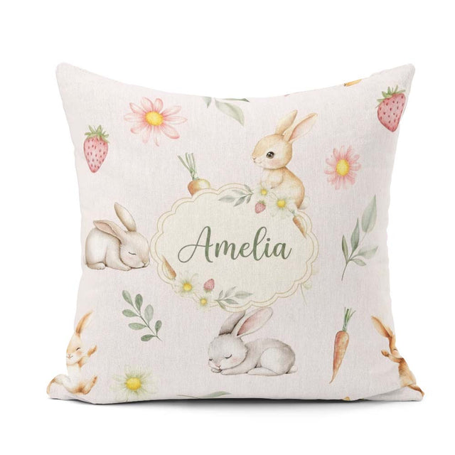 Custom Name Cute Bunny Rabbits with Flowers Carrots and Cream Square Filled Cushion Throw Pillow Sofa Bed Home Decor Zip Washable UK Made