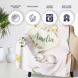 Cute Bunny Rabbits with Flowers Carrots and Butterflies Cream Lovely  Personalised Custom Name Super Soft Fleece Blanket Bed Sofa Throw