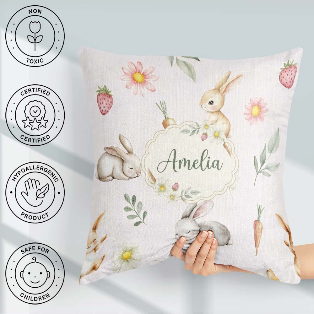 Custom Name Cute Bunny Rabbits with Flowers Carrots and Cream Square Filled Cushion Throw Pillow Sofa Bed Home Decor Zip Washable UK Made