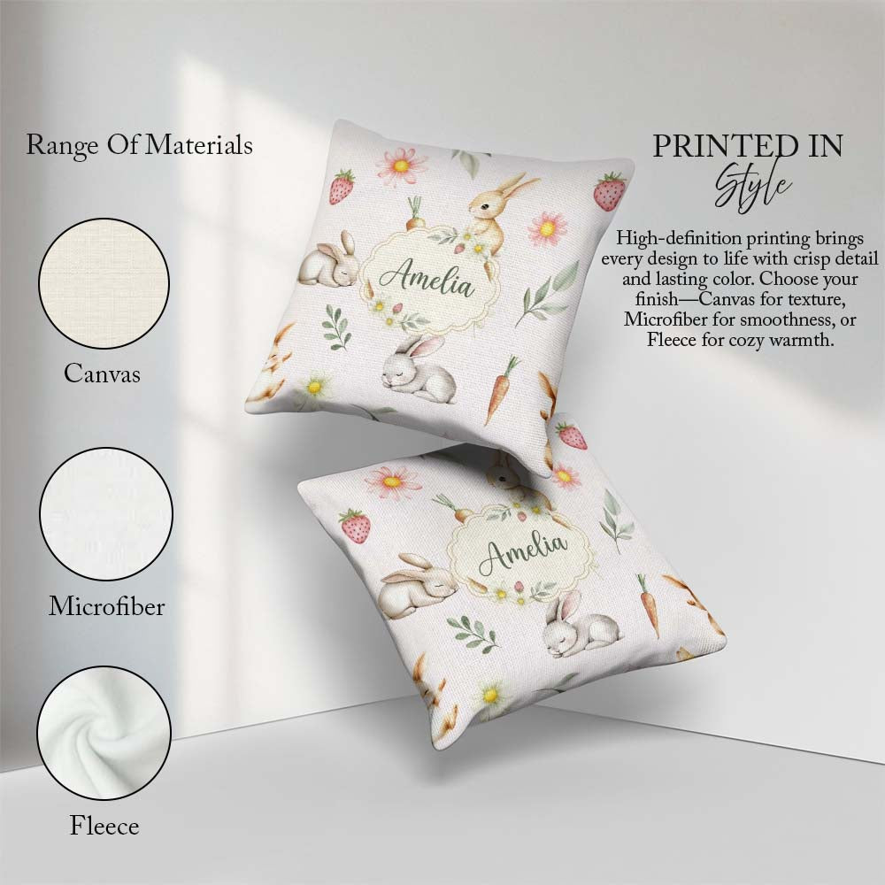 Custom Name Cute Bunny Rabbits with Flowers Carrots and Cream Square Filled Cushion Throw Pillow Sofa Bed Home Decor Zip Washable UK Made